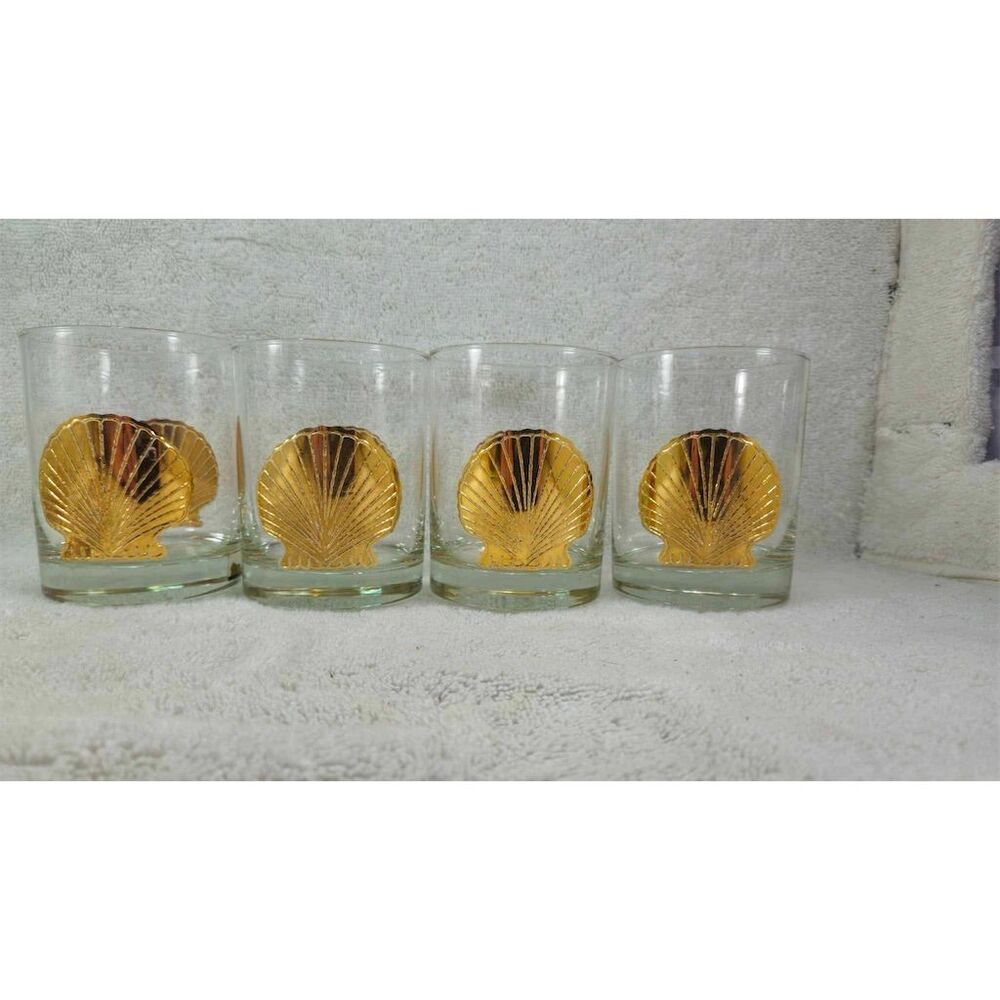 Culver Vintage Seashell Double Old-Fashioned Glasses Set of 4 22K Gold